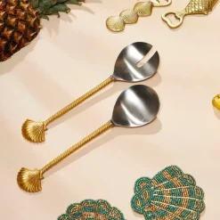 Lot de 2 couverts de salade en inox et laiton doré - Coquillage