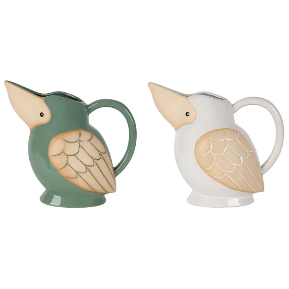 Lot de 2 pichets oiseau en grès blanc et sauge 1L - Calao