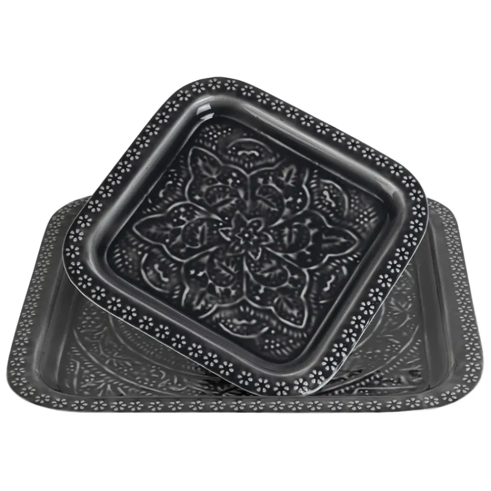 Lot de 2 plateaux en fer anthracite 41x41cm - Arabise