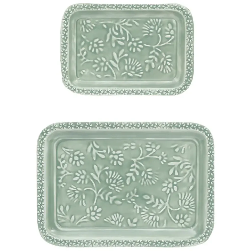 Lot de 2 plateaux en fer émaillé sauge - Baroque