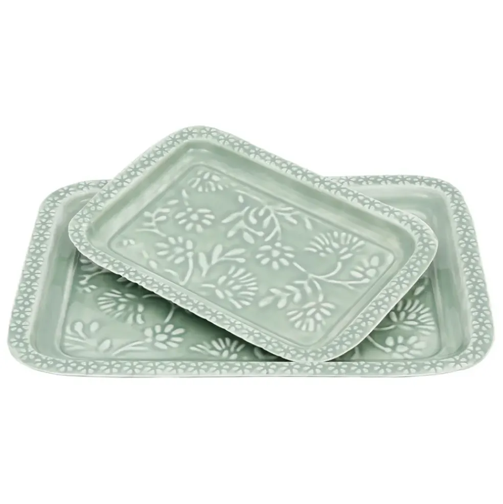 Lot de 2 plateaux en fer émaillé sauge - Baroque