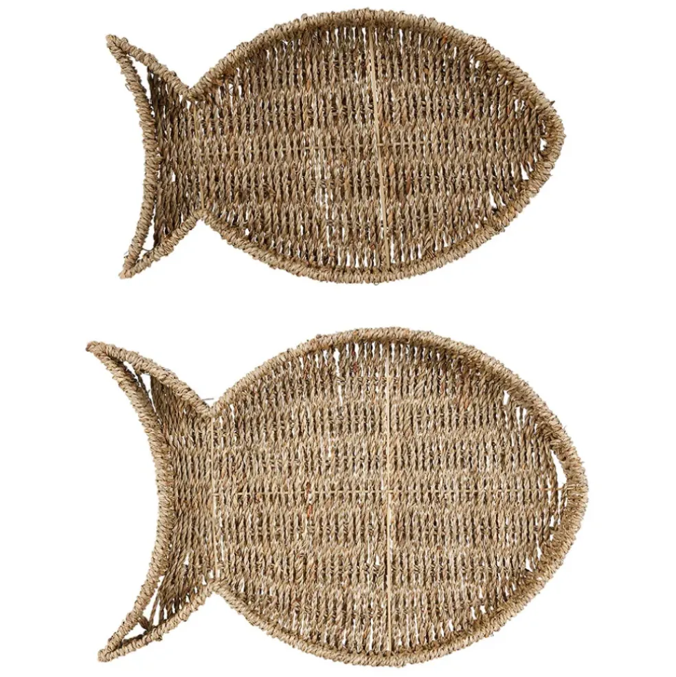 Lot de 2 plateaux poisson en jonc de mer et fer - borneo