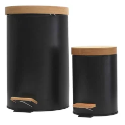 Lot de 2 poubelles à pédale en métal noir et bambou 3L et 12L