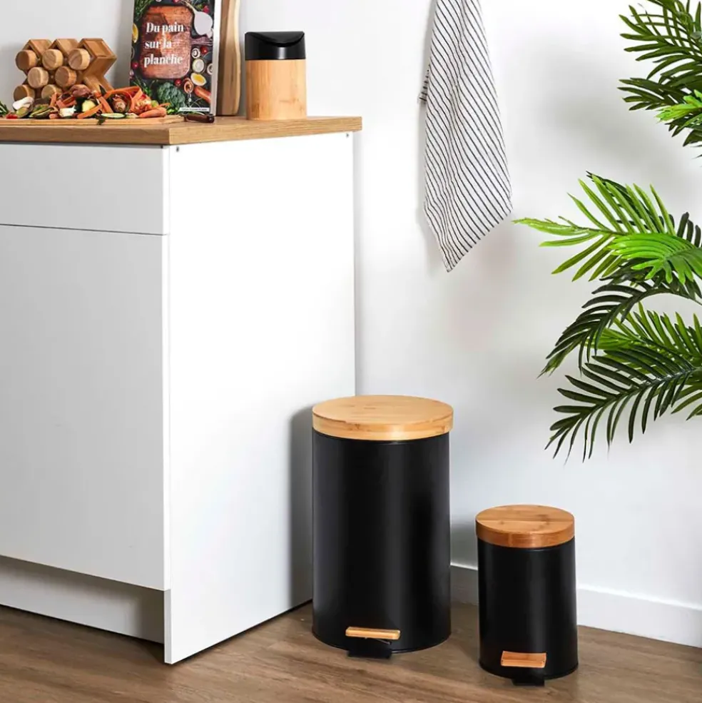 Lot de 2 poubelles à pédale en métal noir et bambou 3L et 12L