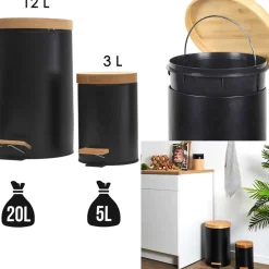 Lot de 2 poubelles à pédale en métal noir et bambou 3L et 12L