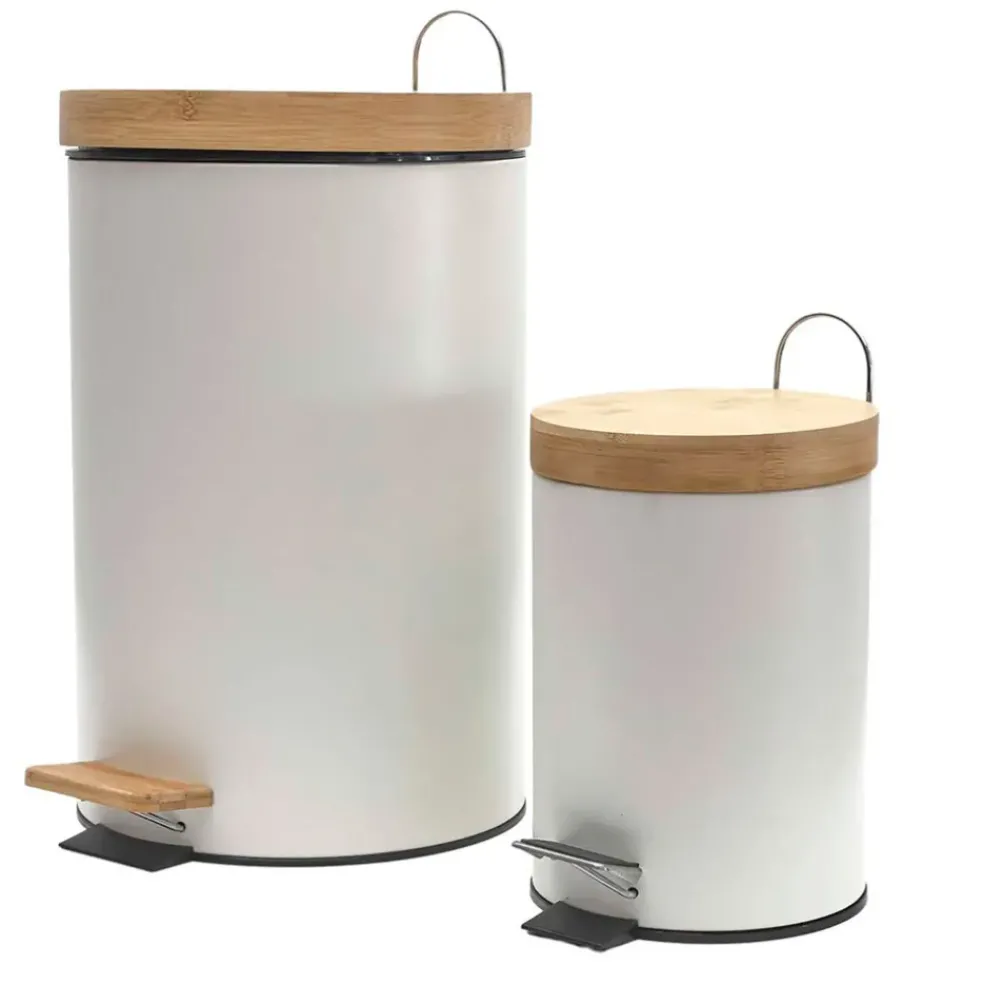 Lot de 2 poubelles à pédale en métal blanc et bambou 3L et 12L