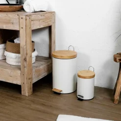 Lot de 2 poubelles à pédale en métal blanc et bambou 3L et 12L