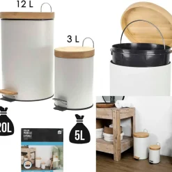 Lot de 2 poubelles à pédale en métal blanc et bambou 3L et 12L