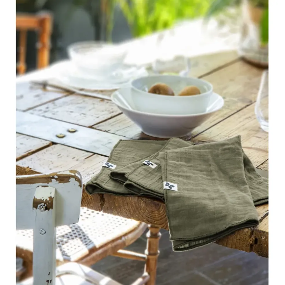 Lot de 3 serviettes de table romarin en gaze de coton 40x40cm - Gaia