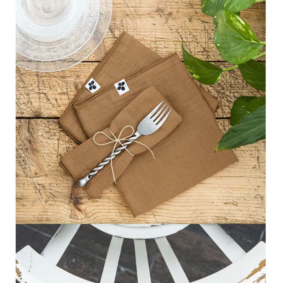 Lot de 3 serviettes de table camel en gaze de coton 40x40cm - Gaia