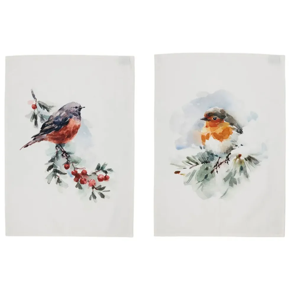 Lot de 2 torchons en coton blanc 50x70cm - Rouge-Gorge
