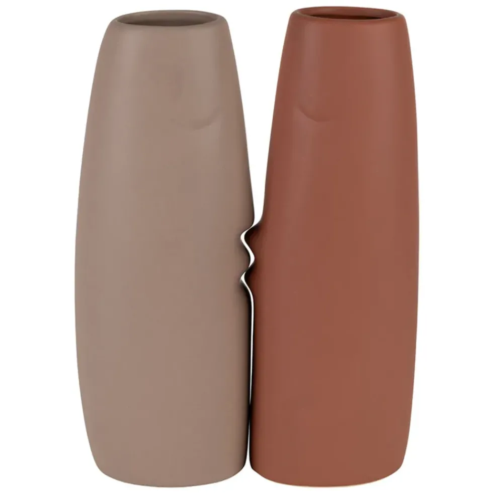 Lot de 2 vases visage en grès terracotta et beige h30cm