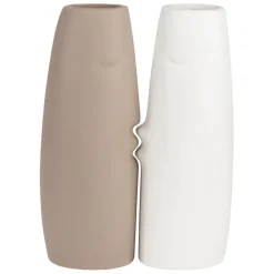 Lot de 2 Vases visage en gres, beige et blanc