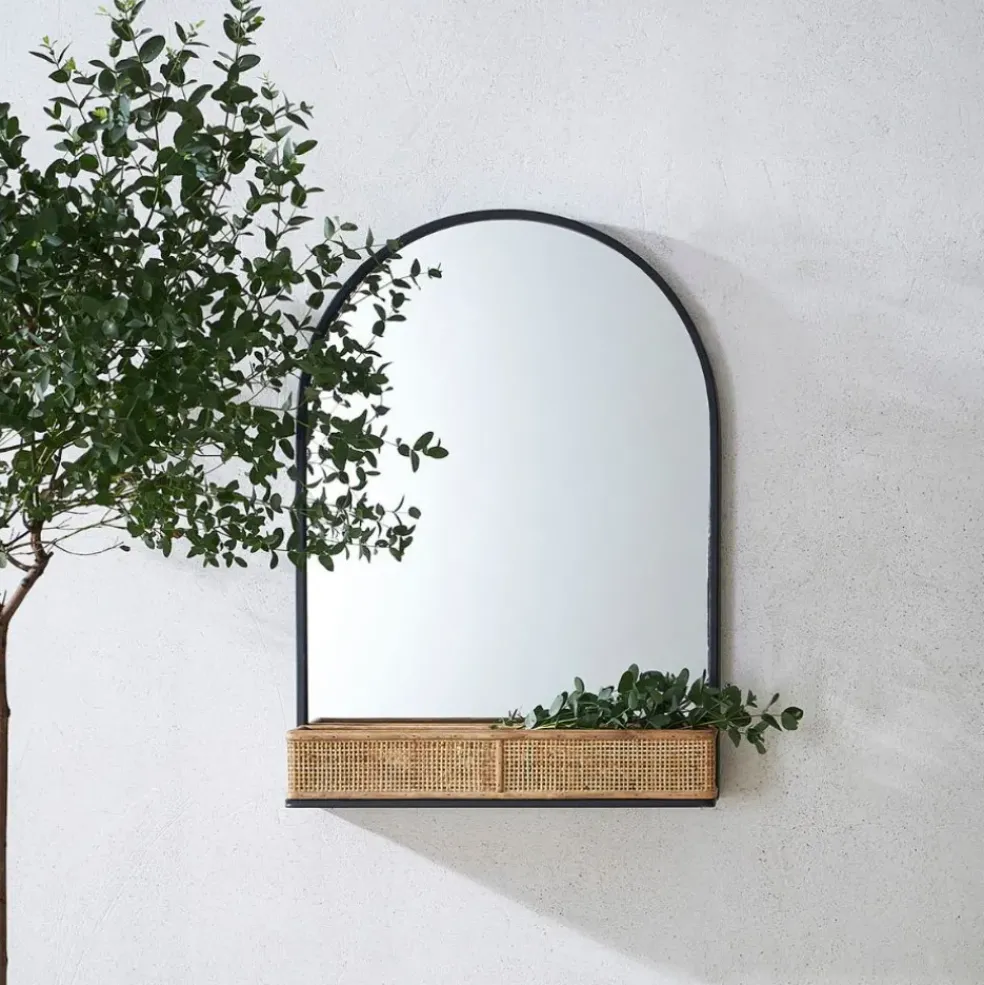 Miroir en fer noir arrondie avec étagere bambou naturel 50.5x70cm - Garden