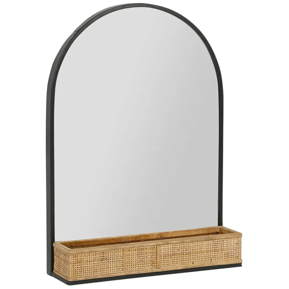 Miroir en fer noir arrondie avec étagere bambou naturel 50.5x70cm - Garden