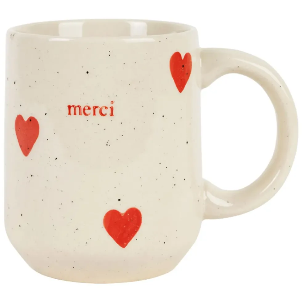 Mug Merci en grès blanc et rouge moucheté 35cl - Famille
