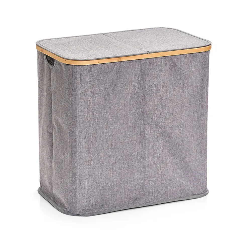 Panier à linge double en toile et bambou gris h50.5cm