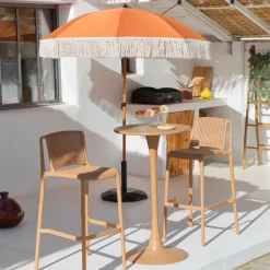 Parasol terracotta avec frange en coton beige d200xh210cm