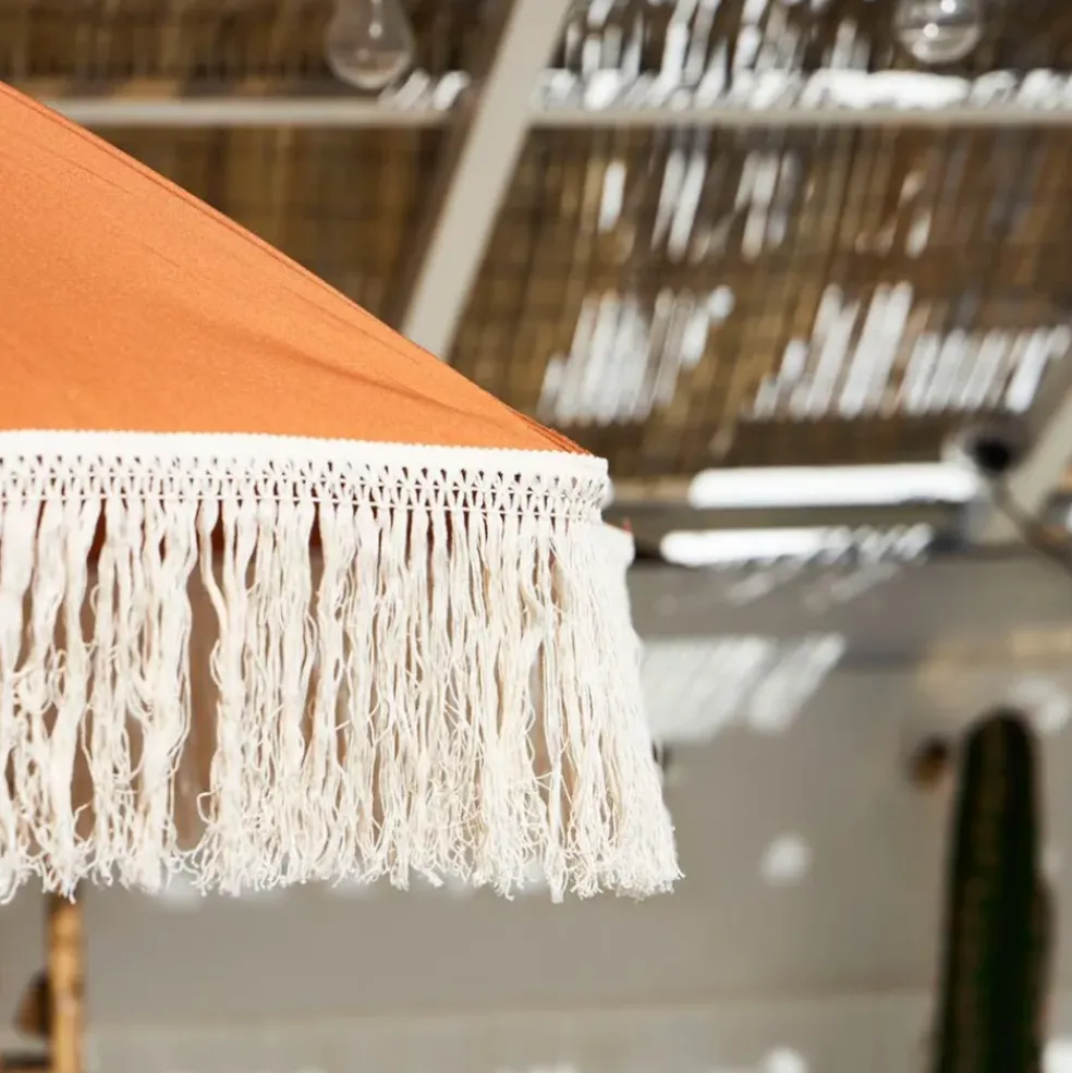 Parasol terracotta avec frange en coton beige d200xh210cm