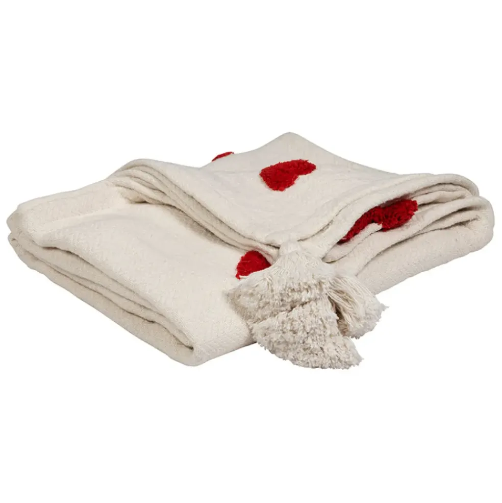 Plaid tufté en coton ecru et coeur rouge 170x130cm - Famille