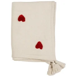 Plaid tufté en coton ecru et coeur rouge 170x130cm - Famille