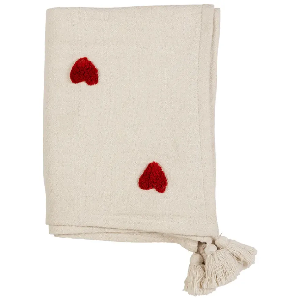 Plaid tufté en coton ecru et coeur rouge 170x130cm - Famille