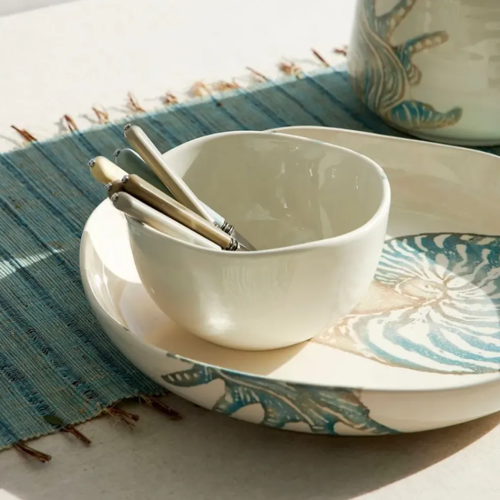 Plat creux en faïence bleu et beige - Bord De Mer