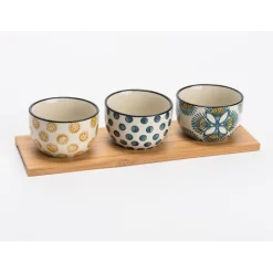 Plat en bois et 3 bols e grès multicolore - imany