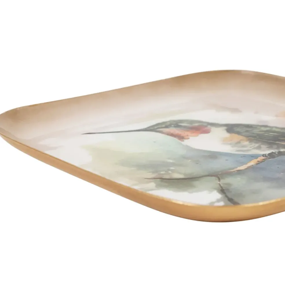 Plateau colibri en fer multicolore 16x16cm - Oiseau