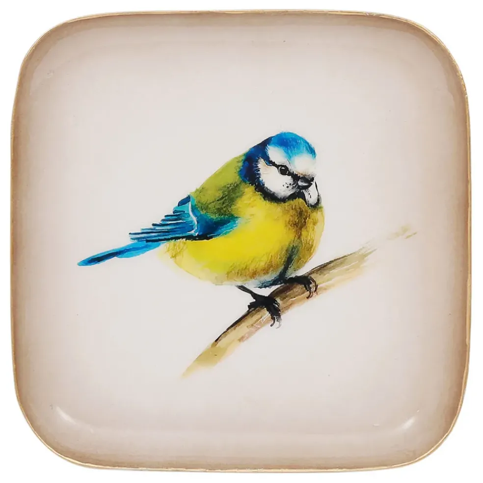 Plateau en fer bleu et jaune 16x16cm - Mésange