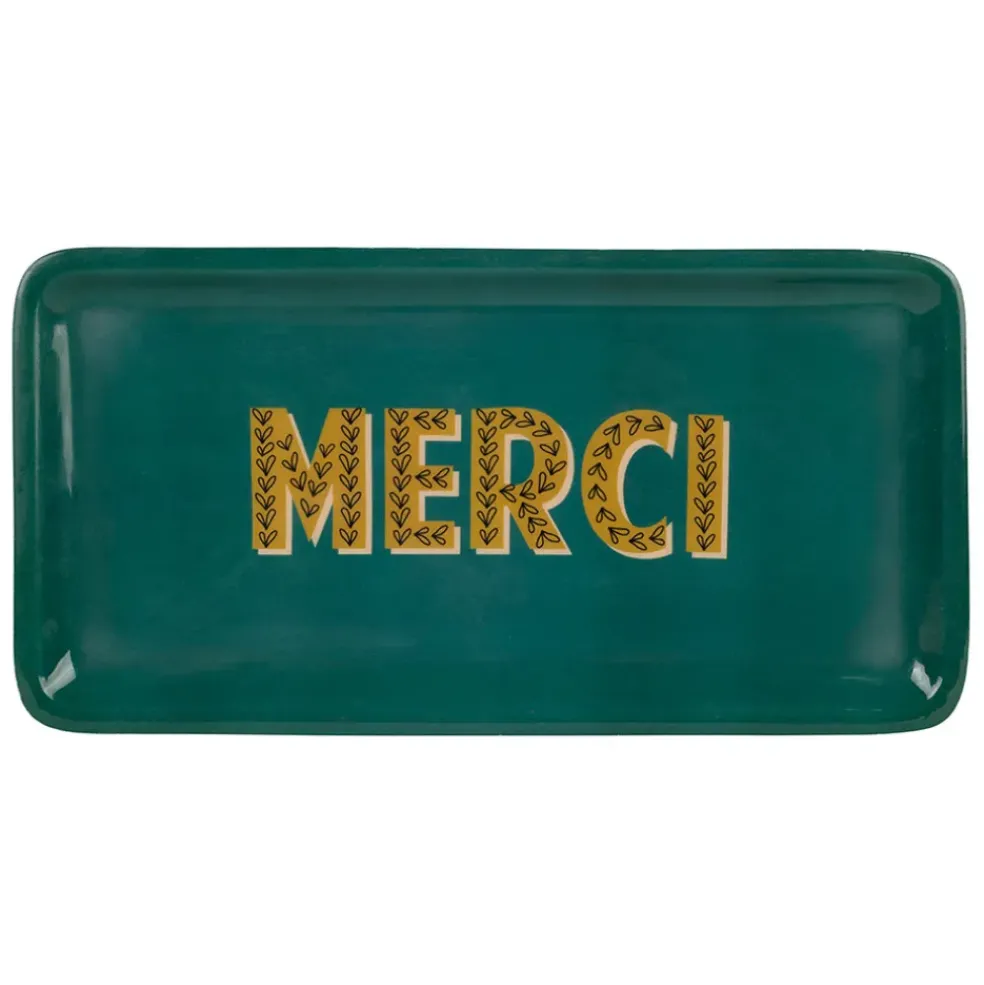 Plateau "merci" en fer émeraude et moutarde 30x15cm - Pop'S