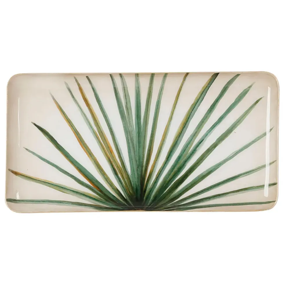 Plateau rectangulaire en fer vert et doré 30.5x15.5cm en fer - palmier