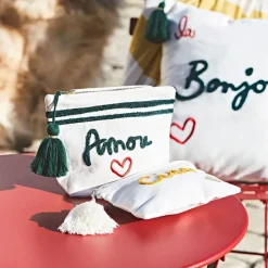 Pochette brodée amore blanc cassé 20x15cm en coton et polyester