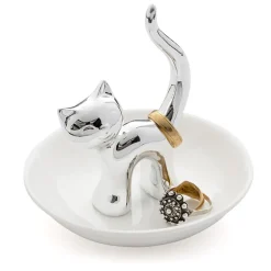 Porte-bagues chat céramique argenté
