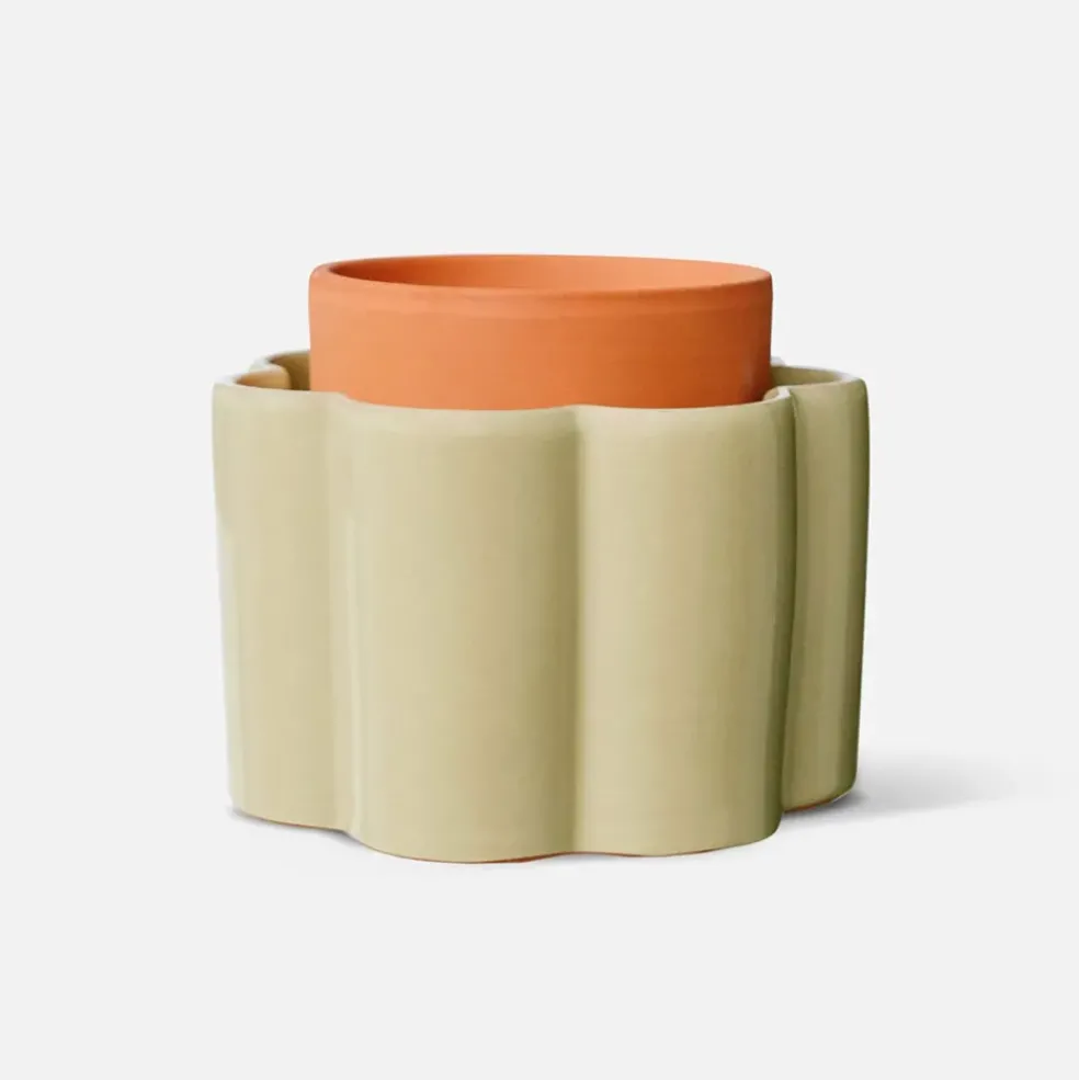 Pot auto-arrosant en céramique vert sauge et argile d14cm - Paula
