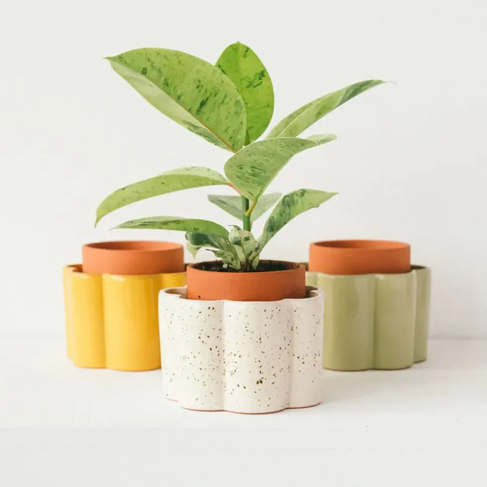 Pot auto-arrosant en céramique vert sauge et argile d14cm - Paula