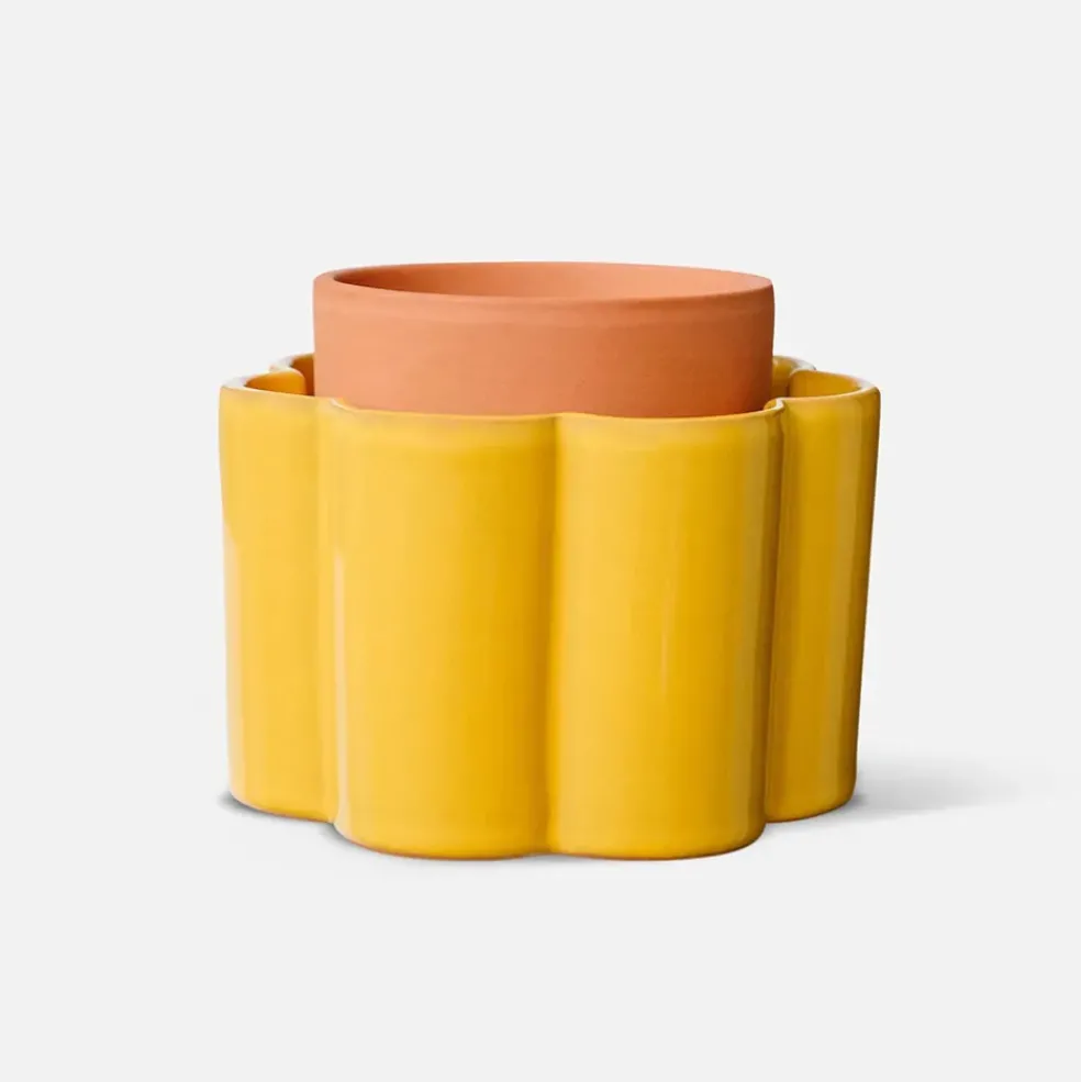 Pot auto-arrosant en céramique jaune moutarde et argile d14cm - Paula