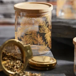 Pot Flaural doré en verre avec couvercle en bambou D9.5Xh11Cm (modèle moyen)