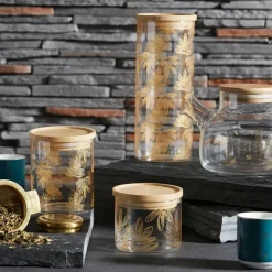 Pot Flaural doré en verre avec couvercle en bambou D9.5Xh21Cm (grand modèle)