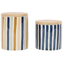 Pot x2 avec couvercle en bambou rayé bleu et beige en grès - blue sand