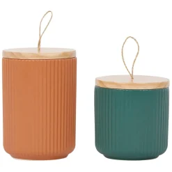 Pots x2 avec couvercle en bois terracotta et émeraude en grès - sweet leaves