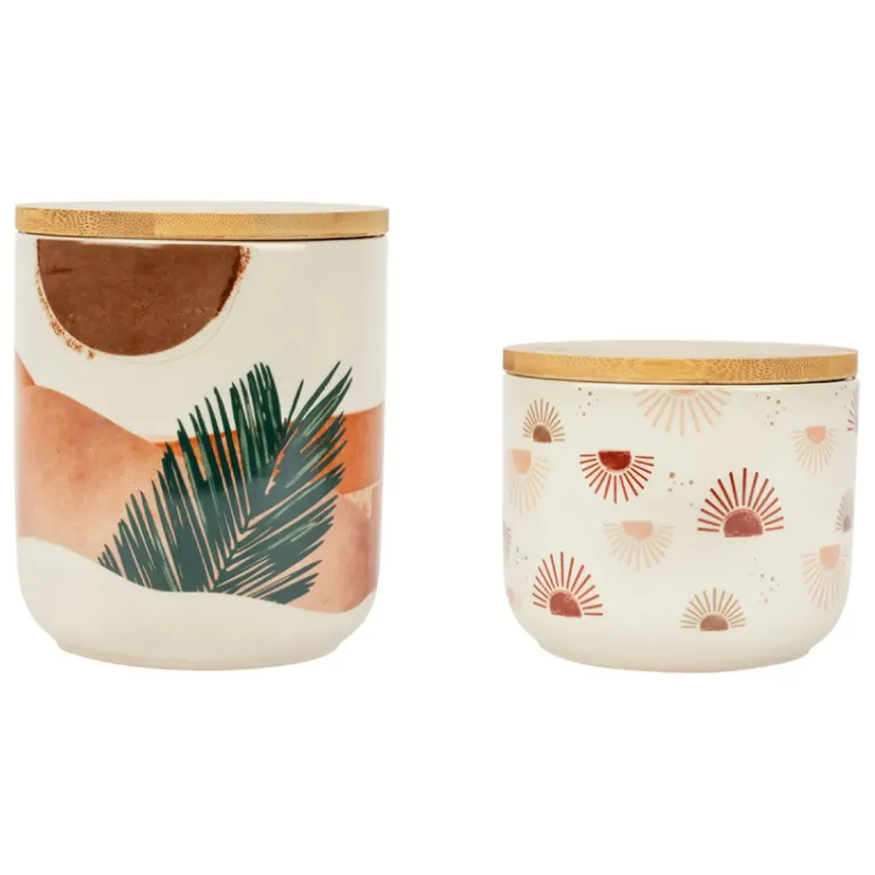 Pots x2 terracotta et vert en porcelaine avec couvercle en bambou - sweet leaves