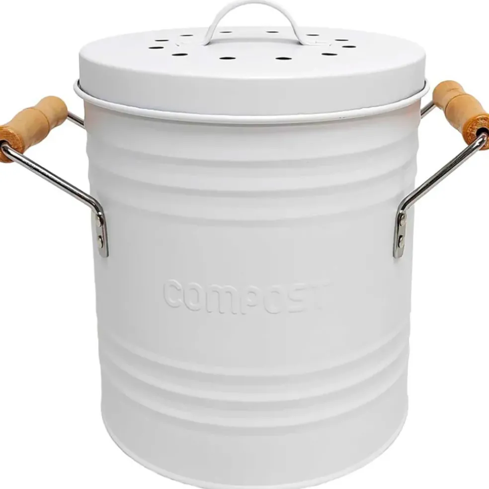 Poubelle à compost en métal blanc avec couvercle et poignées 5L