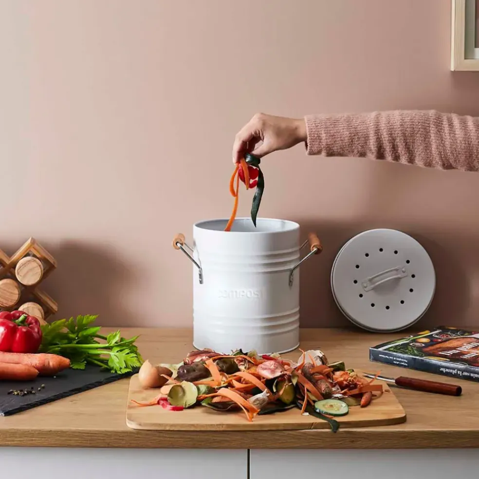 Poubelle à compost en métal blanc avec couvercle et poignées 5L