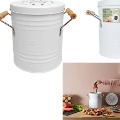 Poubelle à compost en métal blanc avec couvercle et poignées 5L