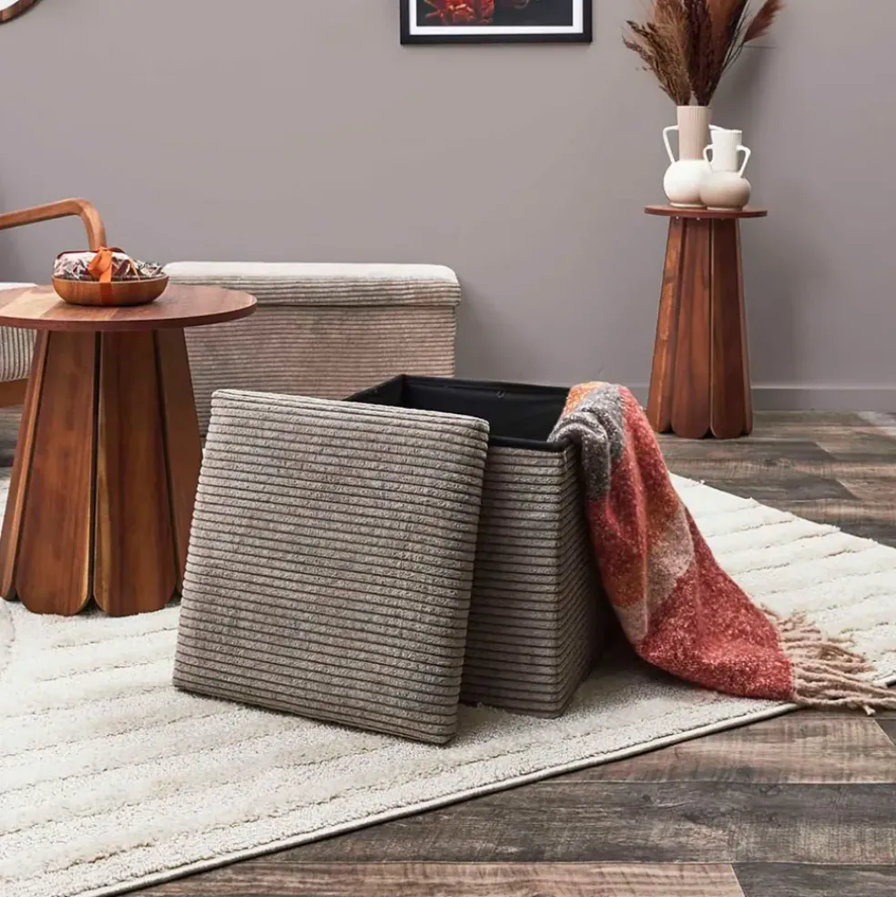 Pouf coffre pliable en tissu côtelé taupe - Scarlett