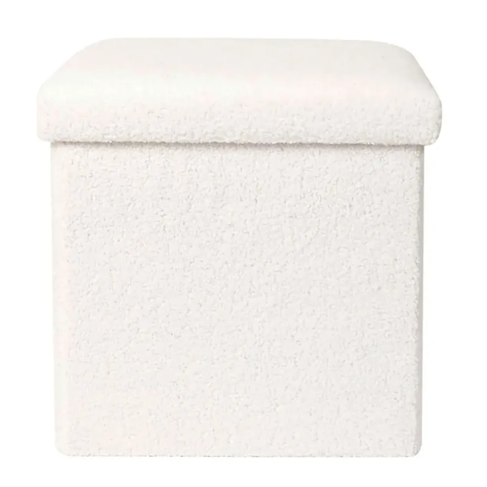 Pouf coffre pliable en tissu bouclette blanc