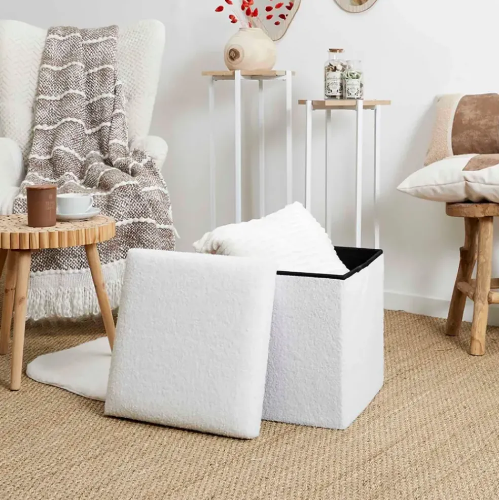 Pouf coffre pliable en tissu bouclette blanc