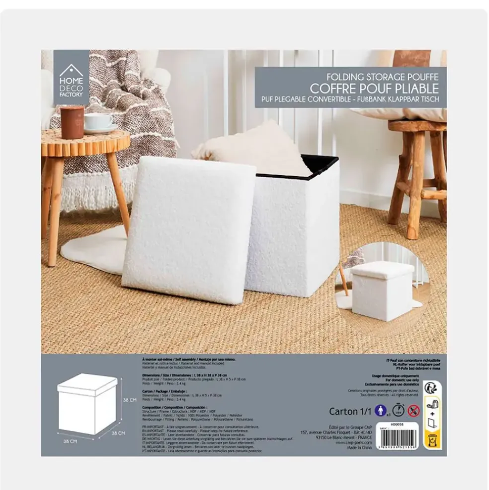 Pouf coffre pliable en tissu bouclette blanc