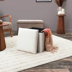 Pouf coffre pliable en tissu côtelé beige - Scarlett